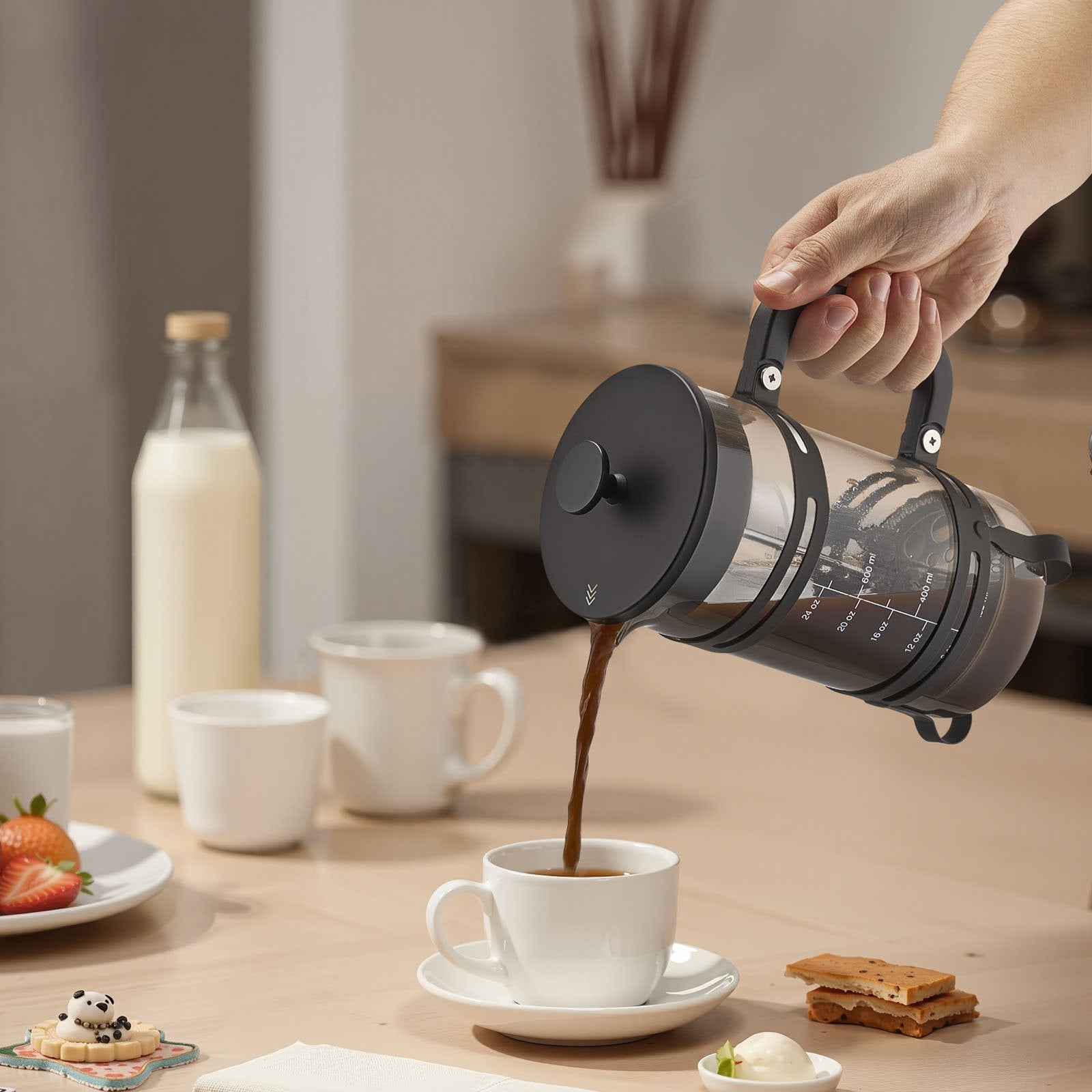 French Press Coffee Maker, 1 Liter Borosilicate Glass Coffee Press Tea Maker with Stainless Steel Filter, Large Glass French Presses Cold Brew for Camping Travel Home Kitchen, Silver