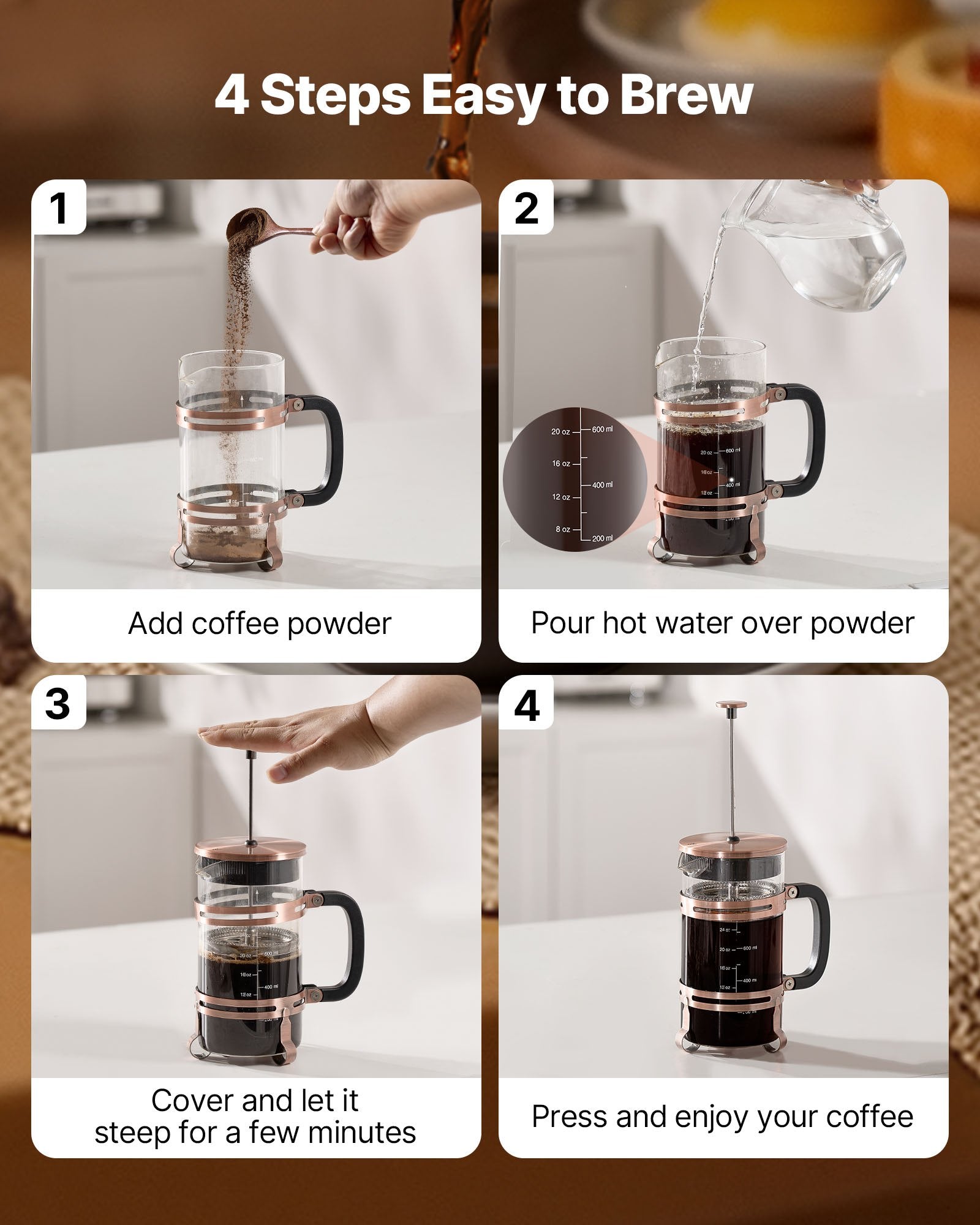 French Press Coffee Maker, 1 Liter Borosilicate Glass Coffee Press Tea Maker with Stainless Steel Filter, Large Glass French Presses Cold Brew for Camping Travel Home Kitchen, Copper