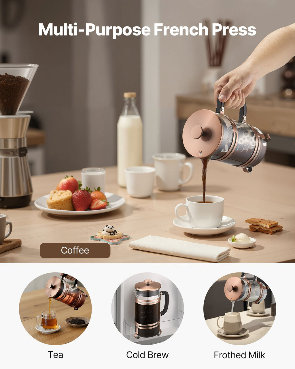 French Press Coffee Maker, 1 Liter Borosilicate Glass Coffee Press Tea Maker with Stainless Steel Filter, Large Glass French Presses Cold Brew for Camping Travel Home Kitchen, Copper