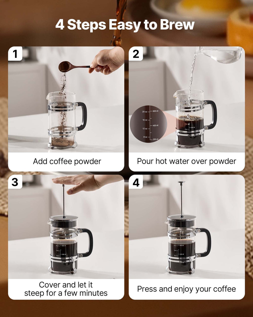 French Press Coffee Maker, 1 Liter Borosilicate Glass Coffee Press Tea Maker with Stainless Steel Filter, Large Glass French Presses Cold Brew for Camping Travel Home Kitchen, Silver