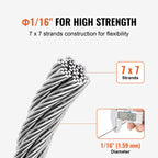 Wire Rope Kit, 1.59 mm 100.6 m 304 Stainless Steel Cable with 80 Sleeves and 20 Thimbles, 2KN Breaking Strength, 7 x 7 Strands Marine Aircraft Grade for Handrail Stair Decking Fence Outdoors
