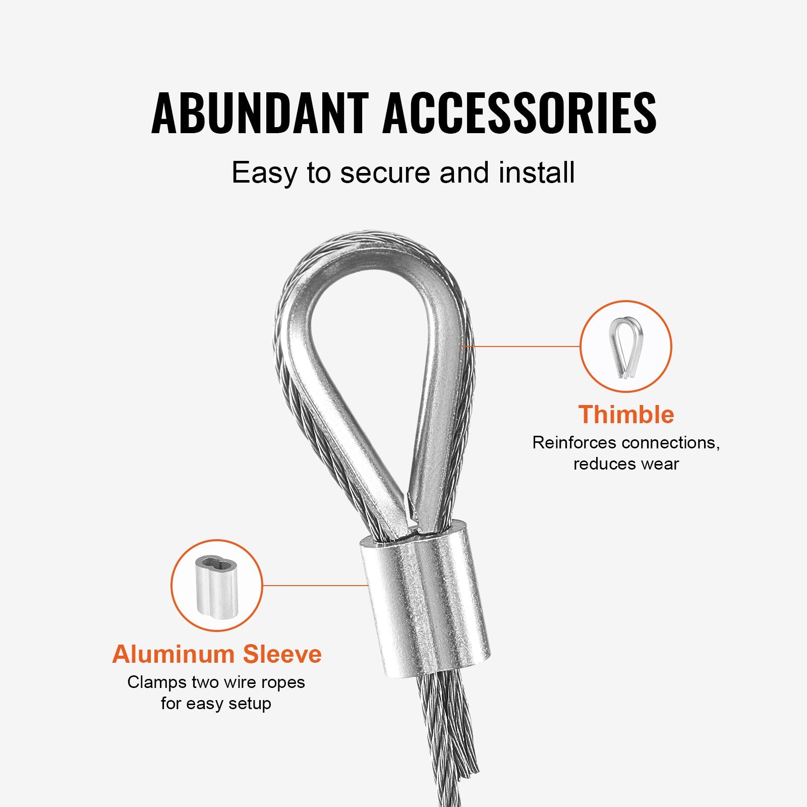 Wire Rope Kit, 1.59 mm 100.6 m 304 Stainless Steel Cable with 80 Sleeves and 20 Thimbles, 2KN Breaking Strength, 7 x 7 Strands Marine Aircraft Grade for Handrail Stair Decking Fence Outdoors