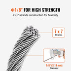 Wire Rope Kit, 3.18 mm 305 m 316 Stainless Steel Cable with Cutter and Gloves, 7.1KN Breaking Strength, 7x7 Strands Construction Marine Aircraft Grade for Handrail Stair Decking Fence Outdoors