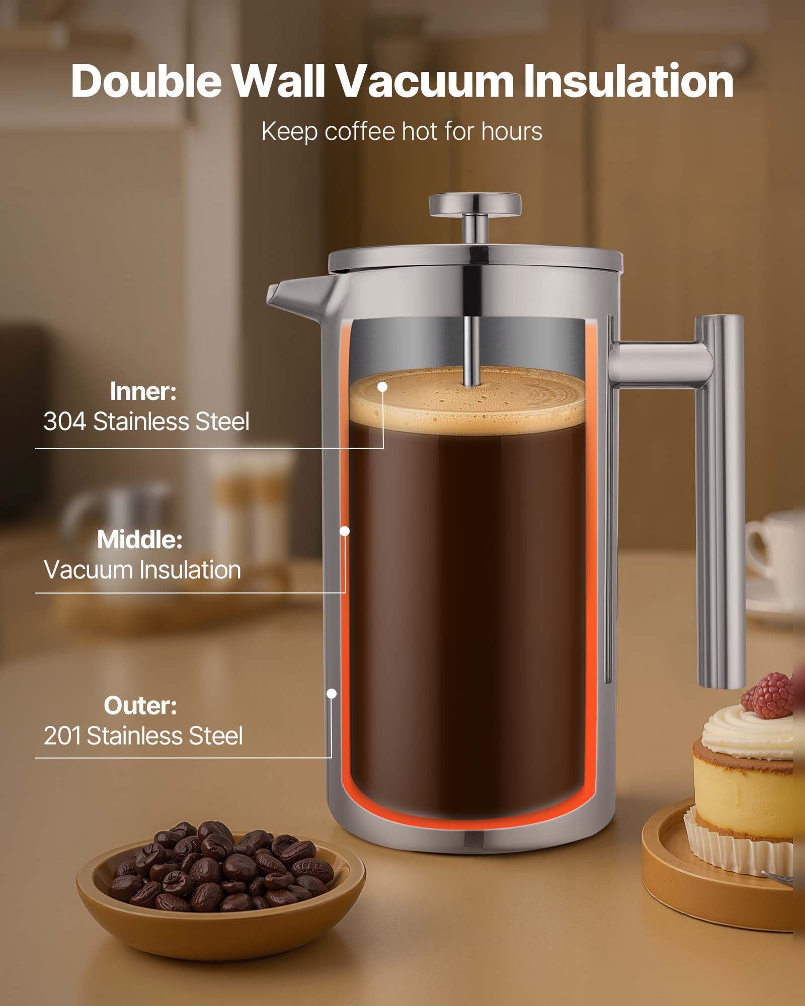 French Press Coffee Maker, 1.5 Liter Stainless Steel Coffee Press Tea Maker with Filter, Large Double Wall Insulated French Presses Cold Brew for Camping Travel Home Kitchen, Silver