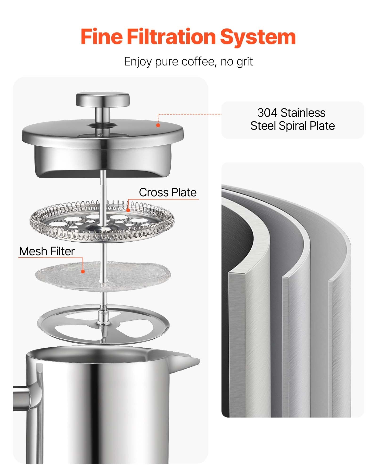 French Press Coffee Maker, 1.5 Liter Stainless Steel Coffee Press Tea Maker with Filter, Large Double Wall Insulated French Presses Cold Brew for Camping Travel Home Kitchen, Silver