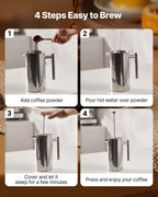 French Press Coffee Maker, 1.5 Liter Stainless Steel Coffee Press Tea Maker with Filter, Large Double Wall Insulated French Presses Cold Brew for Camping Travel Home Kitchen, Silver