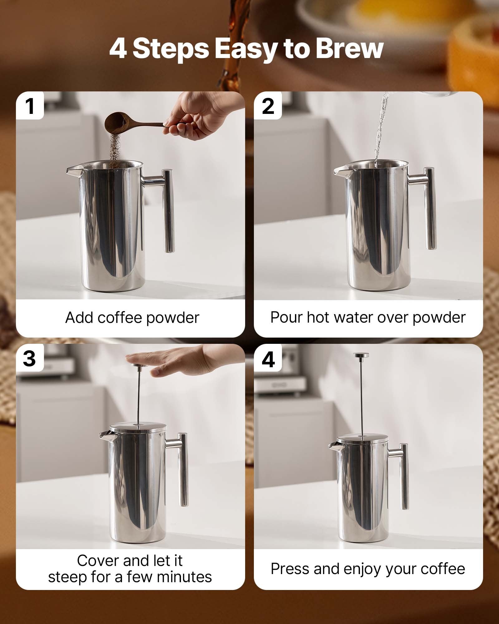 French Press Coffee Maker, 1.5 Liter Stainless Steel Coffee Press Tea Maker with Filter, Large Double Wall Insulated French Presses Cold Brew for Camping Travel Home Kitchen, Silver