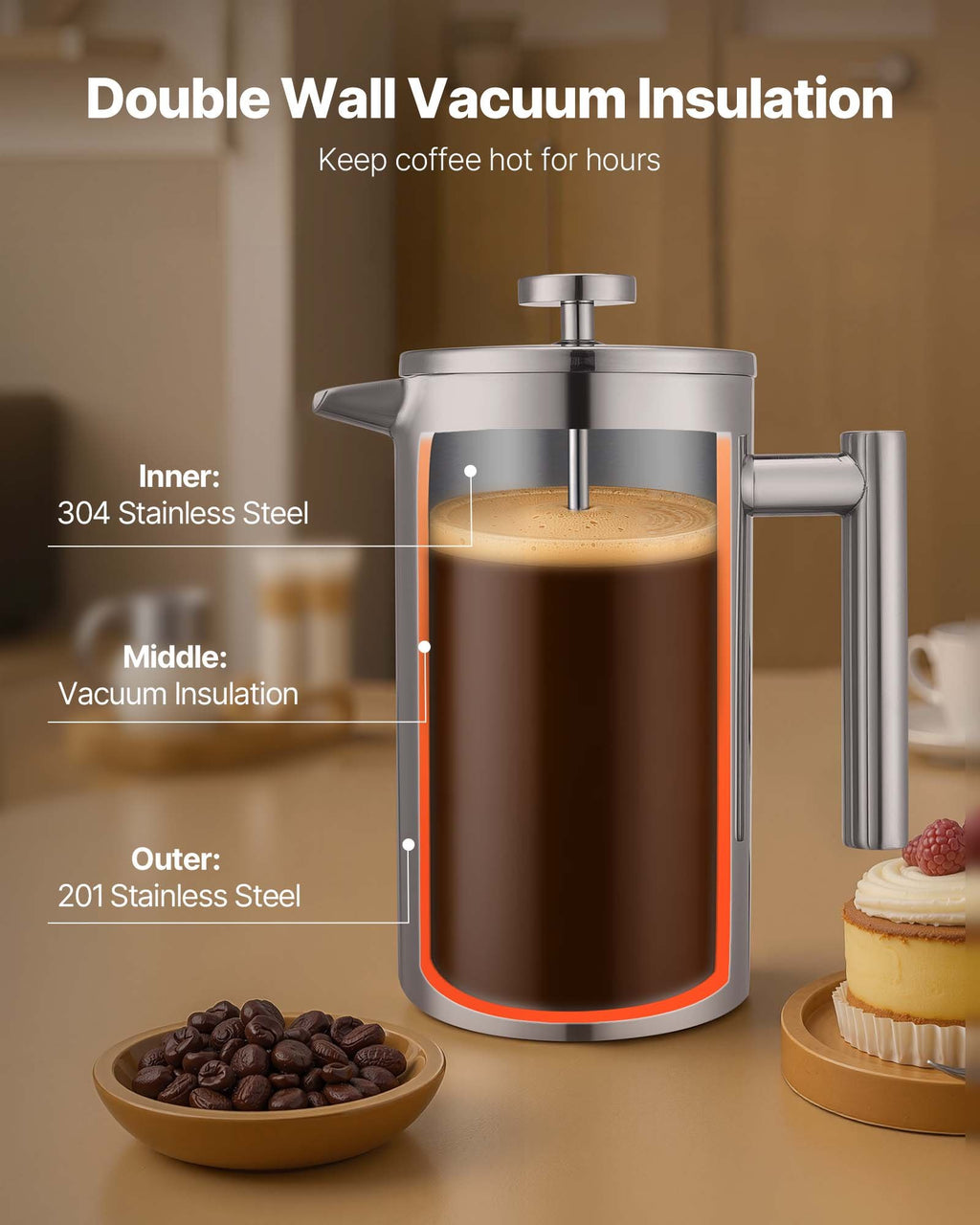 French Press Coffee Maker, 1 Liter Stainless Steel Coffee Press Tea Maker with Filter, Large Double Wall Insulated French Presses Cold Brew for Camping Travel Home Kitchen, Silver
