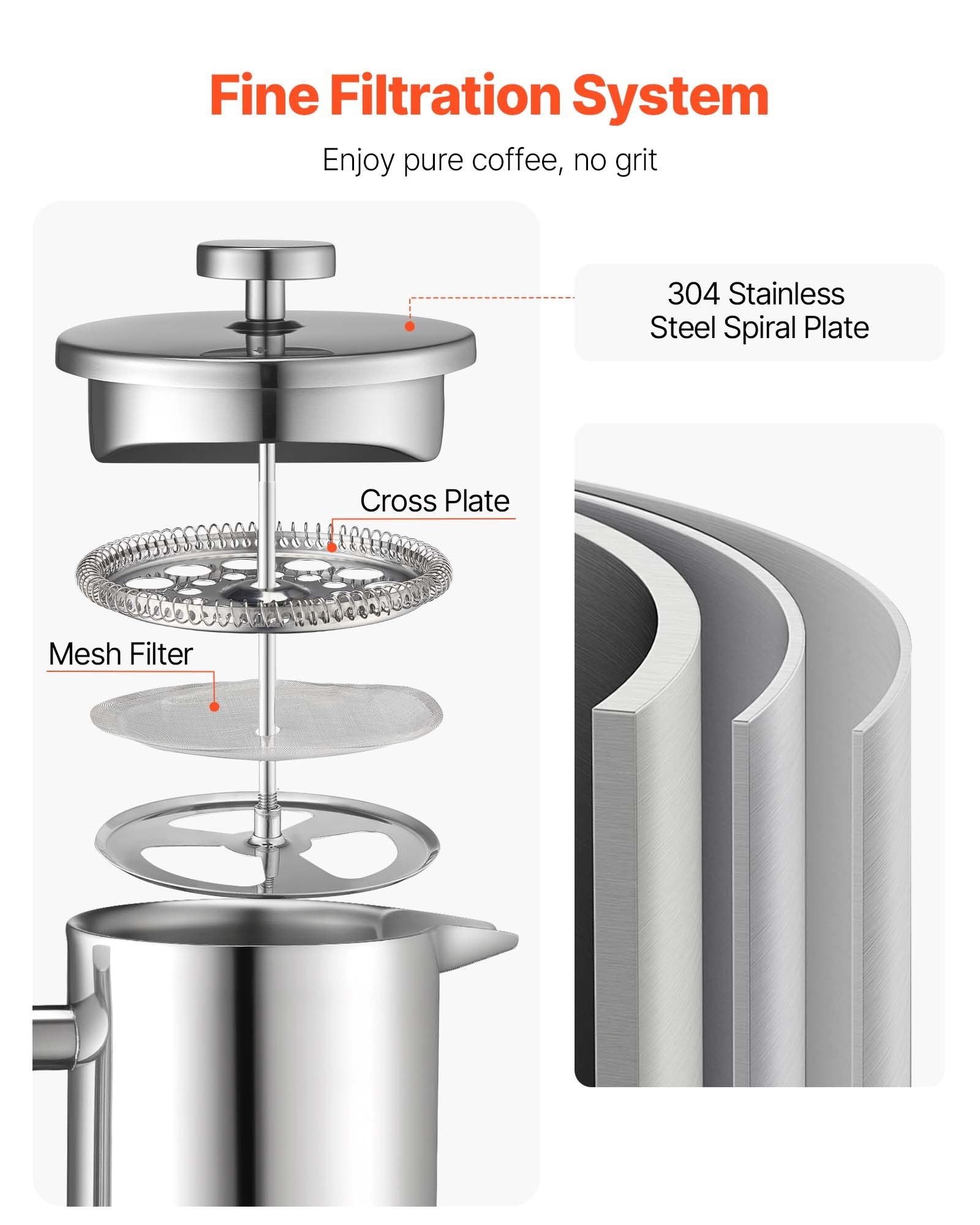 French Press Coffee Maker, 1 Liter Stainless Steel Coffee Press Tea Maker with Filter, Large Double Wall Insulated French Presses Cold Brew for Camping Travel Home Kitchen, Silver