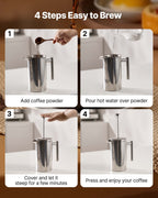 French Press Coffee Maker, 1 Liter Stainless Steel Coffee Press Tea Maker with Filter, Large Double Wall Insulated French Presses Cold Brew for Camping Travel Home Kitchen, Silver
