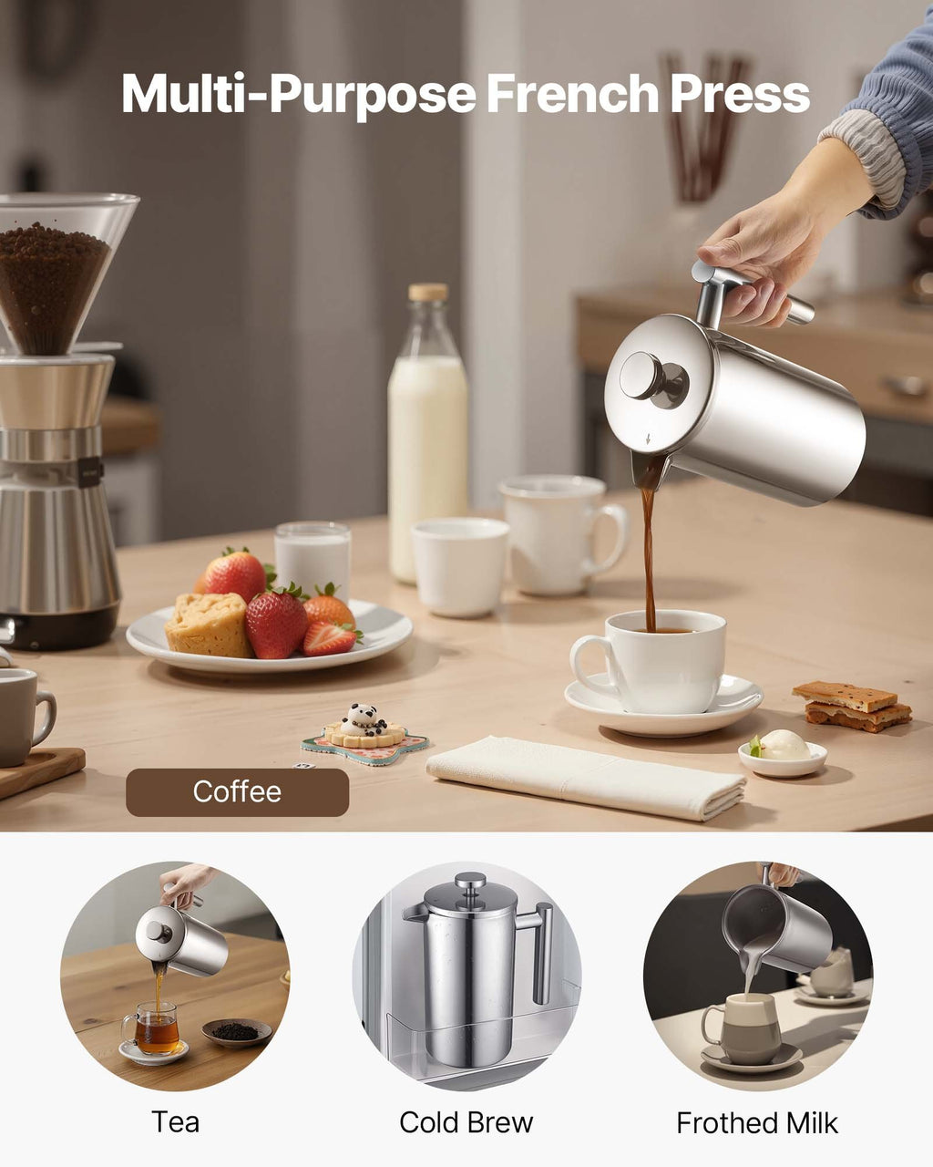 French Press Coffee Maker, 1 Liter Stainless Steel Coffee Press Tea Maker with Filter, Large Double Wall Insulated French Presses Cold Brew for Camping Travel Home Kitchen, Silver
