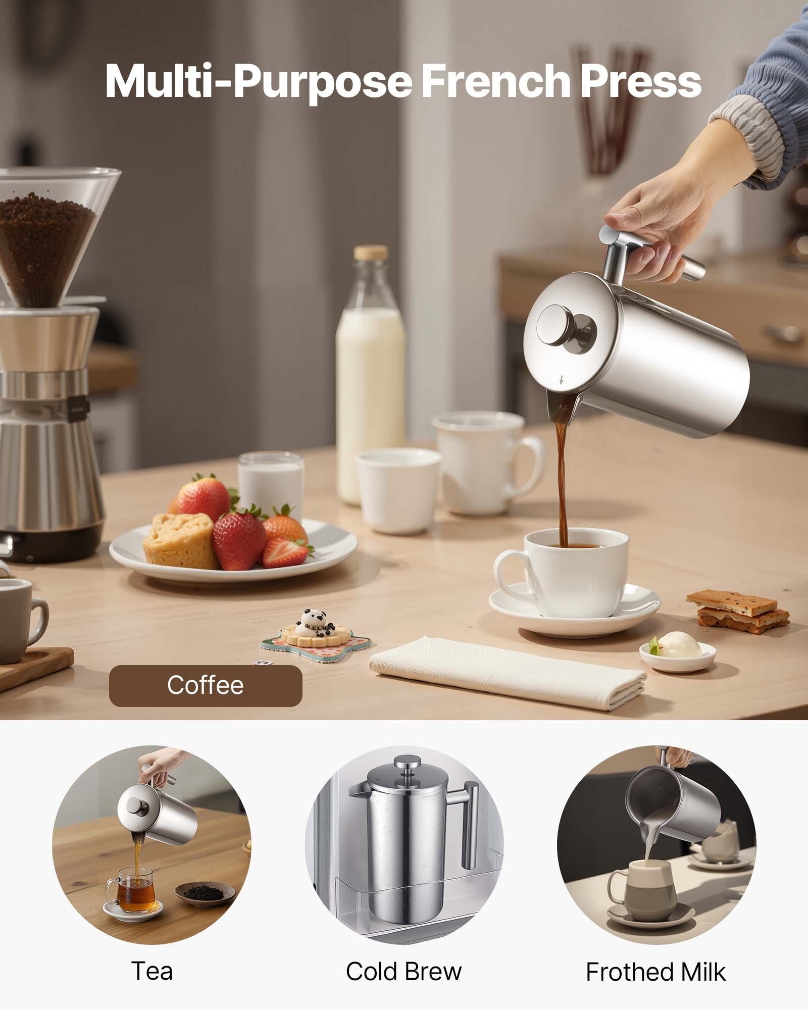 French Press Coffee Maker, 1 Liter Stainless Steel Coffee Press Tea Maker with Filter, Large Double Wall Insulated French Presses Cold Brew for Camping Travel Home Kitchen, Silver