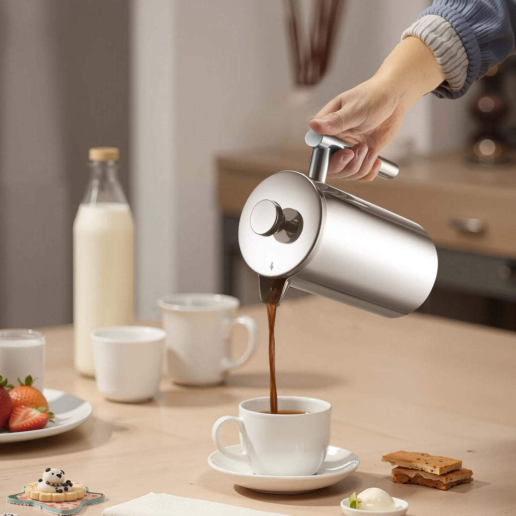 French Press Coffee Maker, 1 Liter Stainless Steel Coffee Press Tea Maker with Filter, Large Double Wall Insulated French Presses Cold Brew for Camping Travel Home Kitchen, Silver