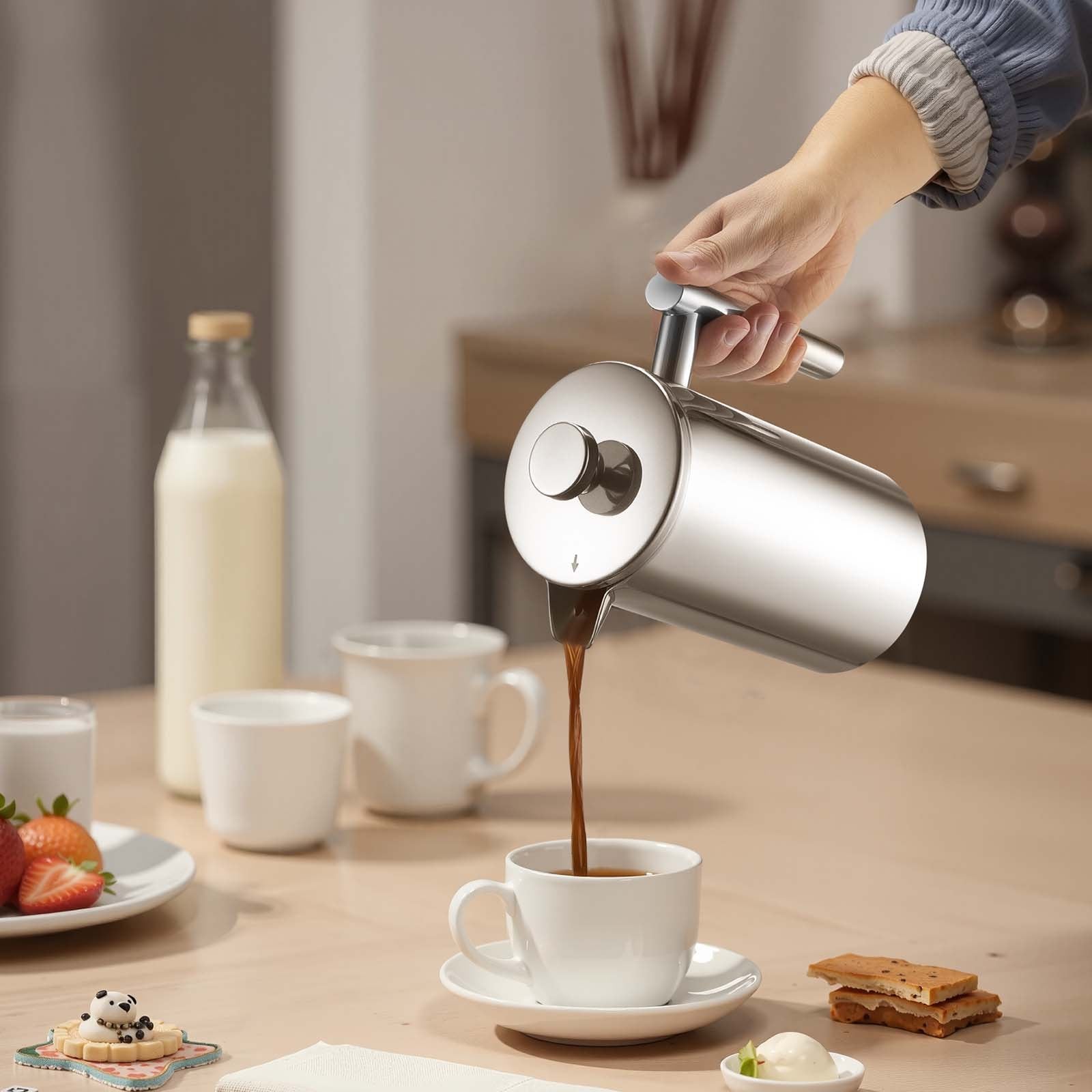 French Press Coffee Maker, 1 Liter Stainless Steel Coffee Press Tea Maker with Filter, Large Double Wall Insulated French Presses Cold Brew for Camping Travel Home Kitchen, Silver