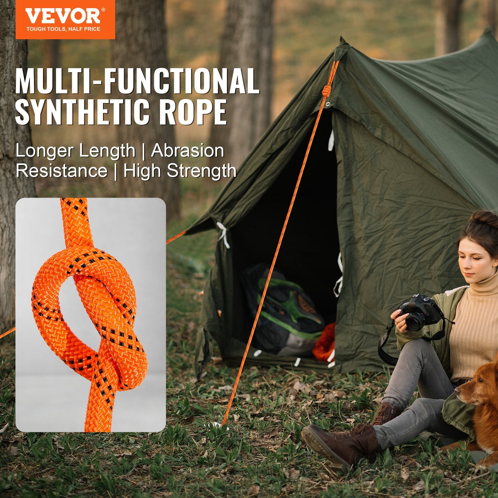 Double Braided Polyester Rope, 19 mm x 67.06 m, 24 Strands, 88.96kN Breaking Strength Outdoor Climbing Rope, Arborist Rigging Rope for Rock Hiking Camping Swing Rappelling Rescue, Orange/Black
