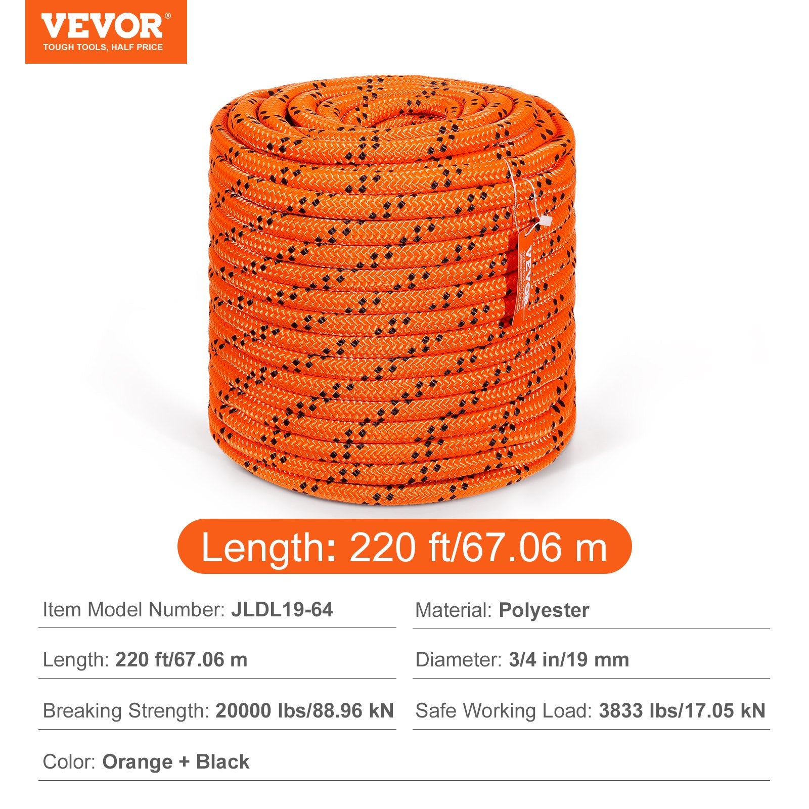 Double Braided Polyester Rope, 19 mm x 67.06 m, 24 Strands, 88.96kN Breaking Strength Outdoor Climbing Rope, Arborist Rigging Rope for Rock Hiking Camping Swing Rappelling Rescue, Orange/Black