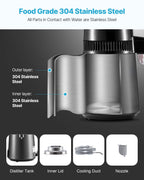 Water Distiller, 4L 1.1 Gallon Pure Water Purifier Filter For Home Table Countertop, 1750W Distilled Maker with Glass Pot, Stainless Steel Interior Drinking Machine to Make Clean Waters, Grey