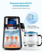 Water Distiller, 4L 1.1 Gallon Pure Water Purifier Filter For Home Table Countertop, 1750W Distilled Maker with Glass Pot, Stainless Steel Interior Drinking Machine to Make Clean Waters, Grey