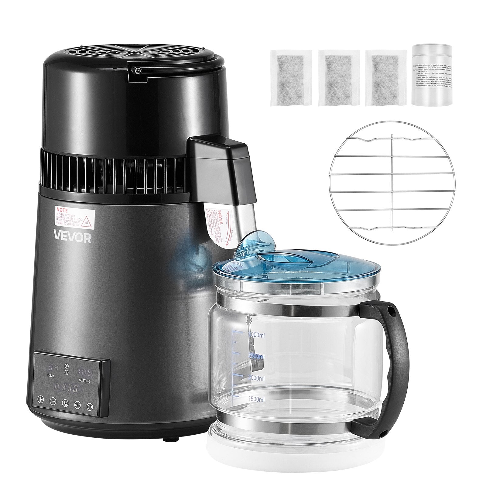 Water Distiller, 4L 1.1 Gallon Pure Water Purifier Filter For Home Table Countertop, 1750W Distilled Maker with Glass Pot, Stainless Steel Interior Drinking Machine to Make Clean Waters, Grey