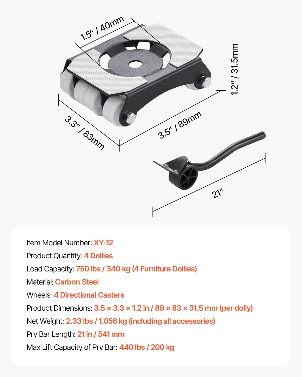 Furniture Dolly, 150 kg Load Capacity, Heavy Duty Furniture Movers with Wheels, Carbon Steel Panel, Dual-Row & Eight-Wheel Structure, Furniture Lift Slider Tool Set for Appliances, Sofa, Fridge