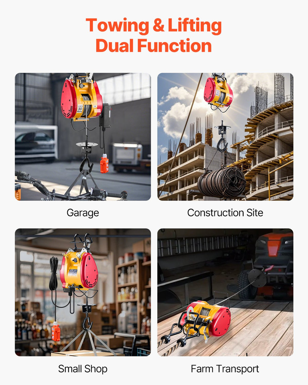 2-in-1 Electric Hoist Winch, 500 KG Capacity, 1800W Portable Power Winch, 30 m Lifting Height, 11 m/min with Wire and Wireless Remote Control, for Garage, Warehouse, Factory Lifting Towing