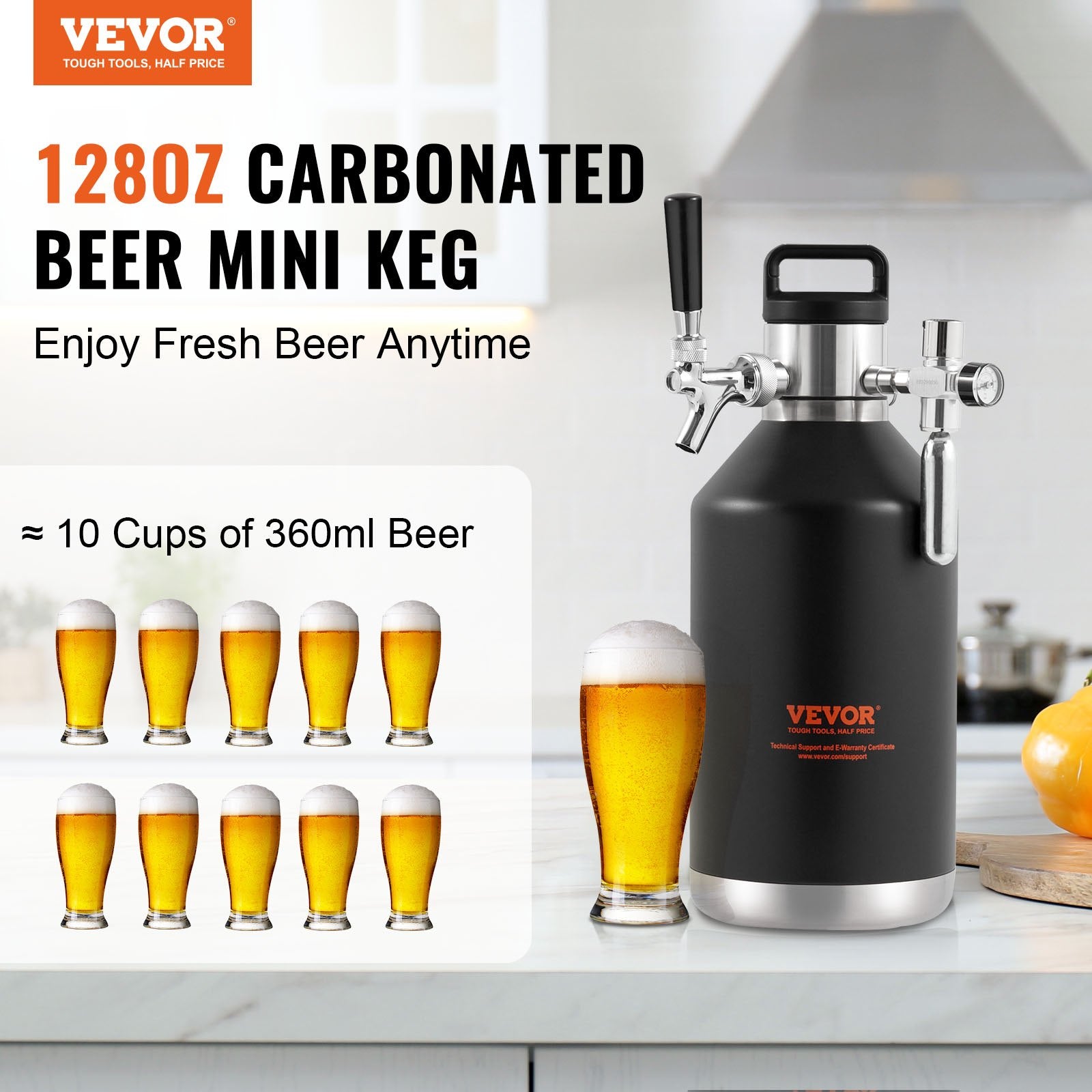Beer Growler Tap System, 4L Mini Keg, 304 Stainless Steel Pressurized Beer Growler, Keg Growler with Pressure Display, CO2 Regulator Faucet, Leak-Proof Ring For Draft, Homebrew, Craft Beer