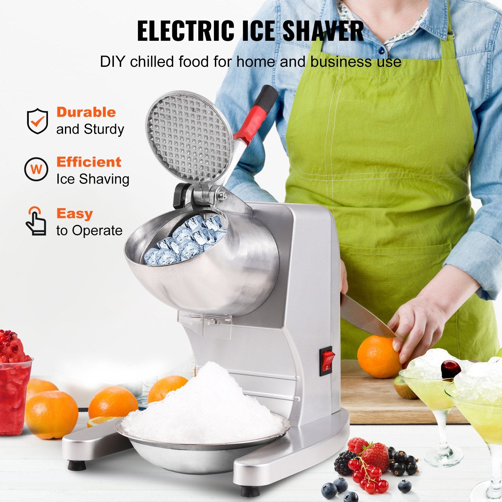Ice Crushers Machine, 220lbs Per Hour Electric Snow Cone Maker with 4 Blades, 300W Electric Ice Crusher with Cover and Bowl for Home and Commercial Use, Silver