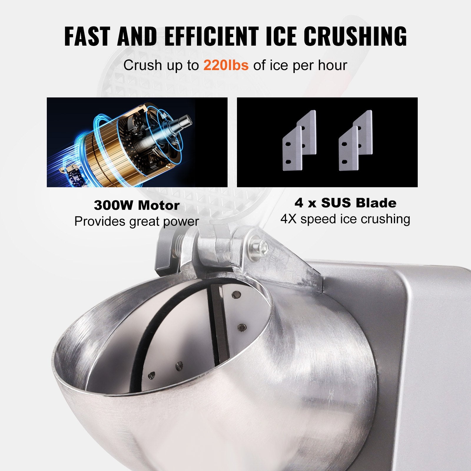 Ice Crushers Machine, 220lbs Per Hour Electric Snow Cone Maker with 4 Blades, 300W Electric Ice Crusher with Cover and Bowl for Home and Commercial Use, Silver
