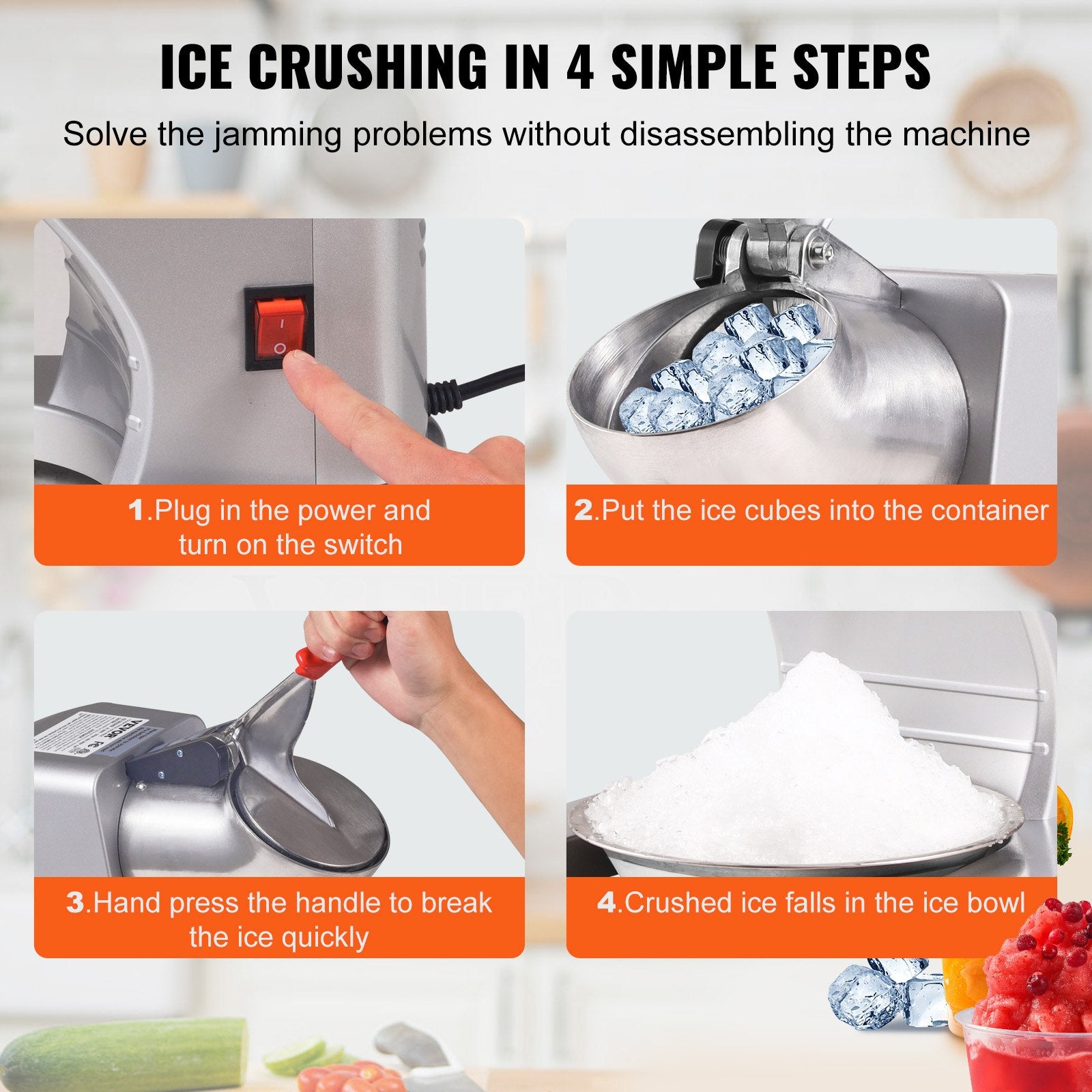Ice Crushers Machine, 220lbs Per Hour Electric Snow Cone Maker with 4 Blades, 300W Electric Ice Crusher with Cover and Bowl for Home and Commercial Use, Silver