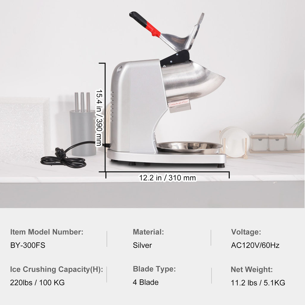 Ice Crushers Machine, 220lbs Per Hour Electric Snow Cone Maker with 4 Blades, 300W Electric Ice Crusher with Cover and Bowl for Home and Commercial Use, Silver
