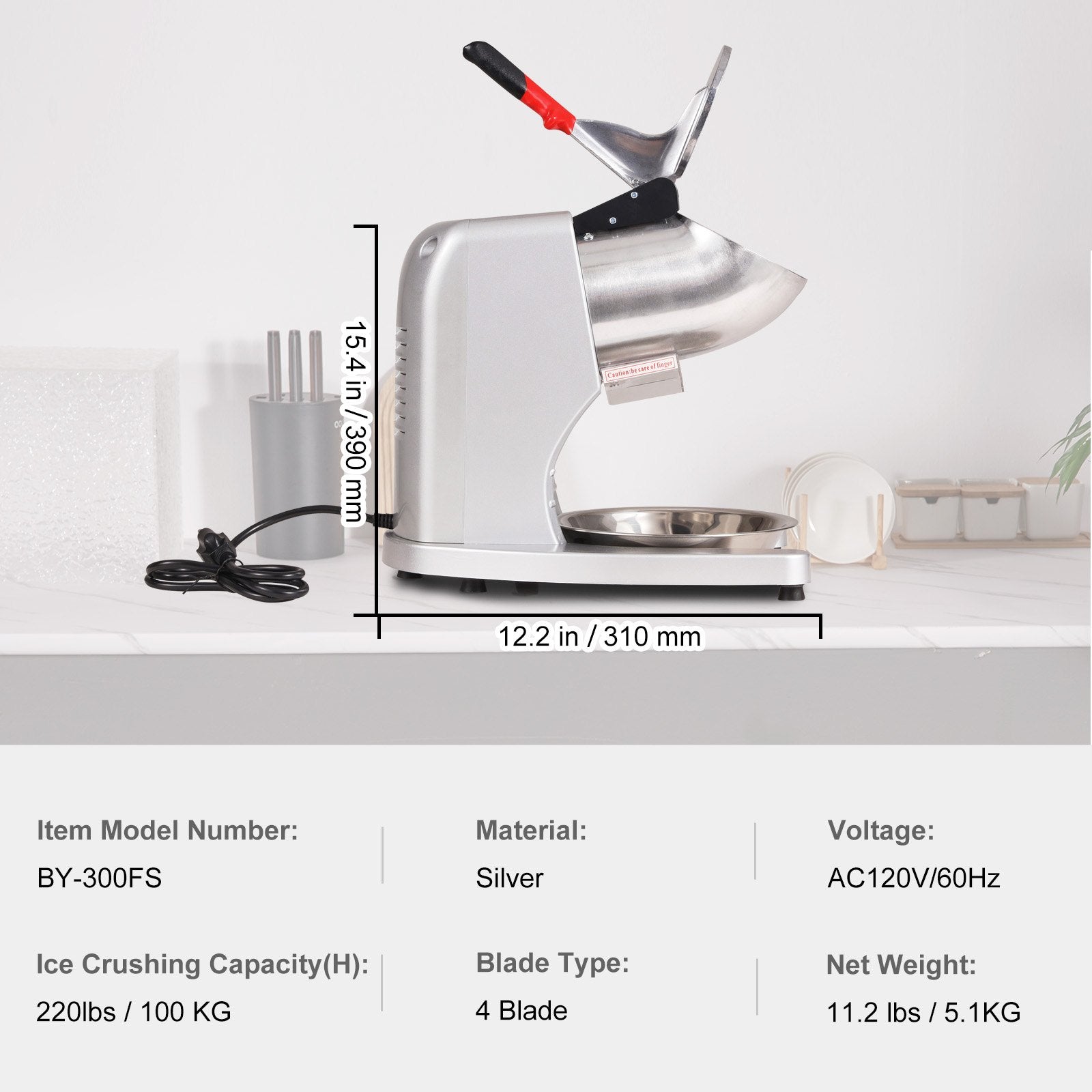 Ice Crushers Machine, 220lbs Per Hour Electric Snow Cone Maker with 4 Blades, 300W Electric Ice Crusher with Cover and Bowl for Home and Commercial Use, Silver