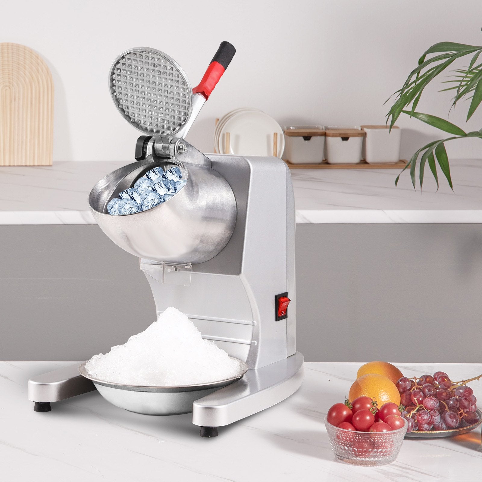 Ice Crushers Machine, 220lbs Per Hour Electric Snow Cone Maker with 4 Blades, 300W Electric Ice Crusher with Cover and Bowl for Home and Commercial Use, Silver