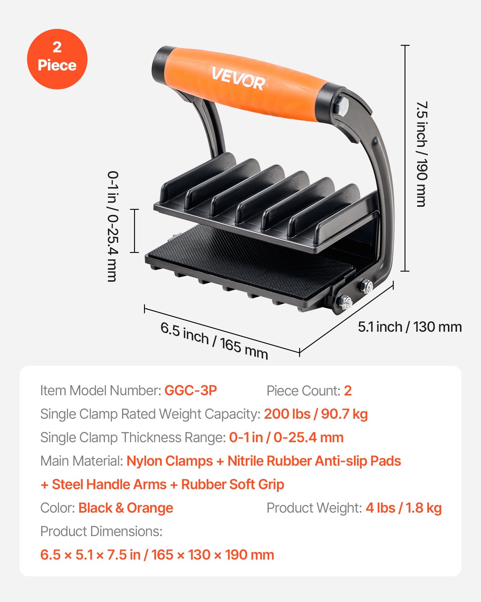 Plywood Carrier, 90.7 kg Single Clamp Capacity, 2 Pack Adjustable Drywall Carrying Tool for 0-25.4 mm Thickness Boards, Plywood Carrier with Non-Slip Grips for Plastic Boards, Plywood, Drywall