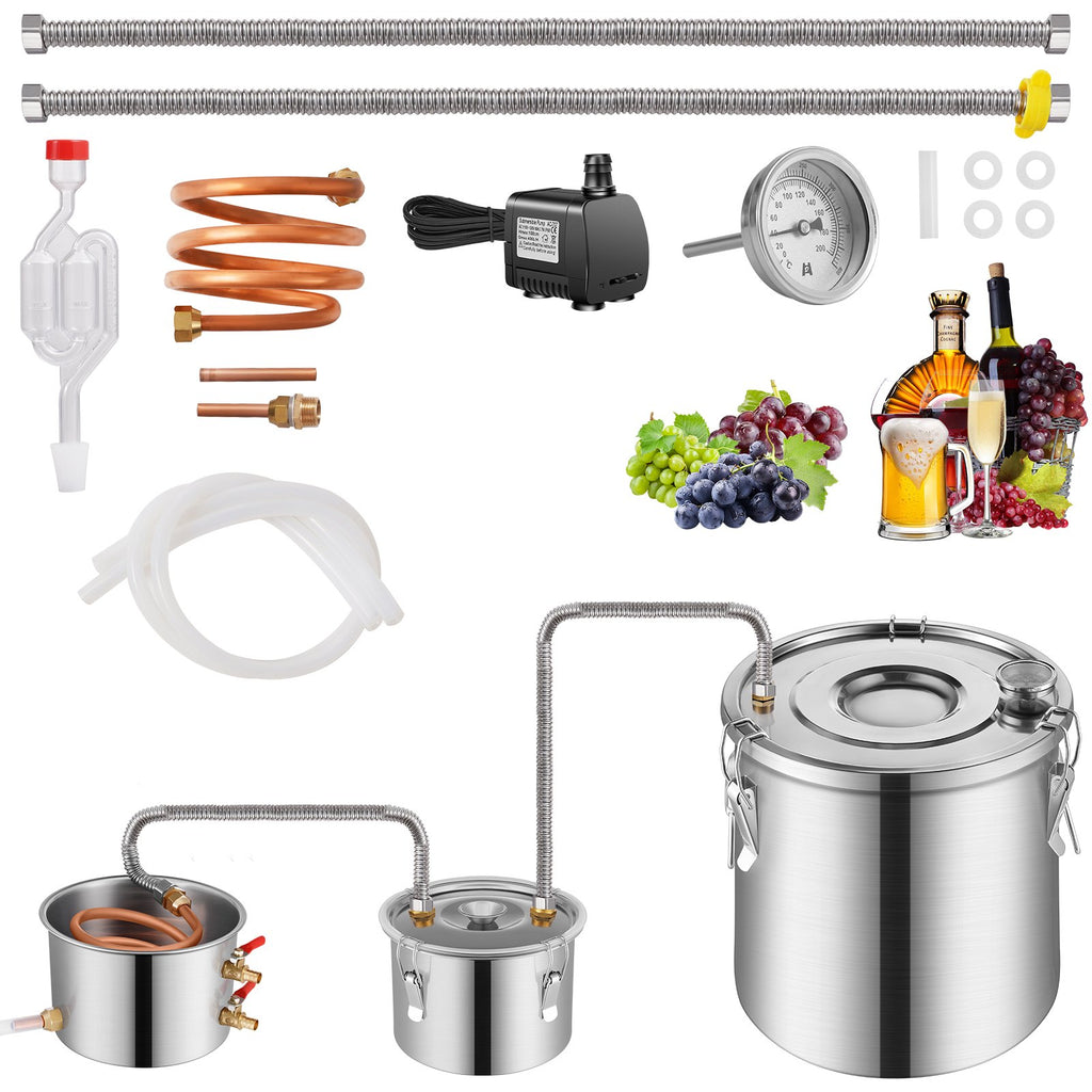 Alcohol Still, 3 Gal / 11.4 L Stainless Steel Water Alcohol Distiller with Copper Coil for Fast Cooling, Dual Condenser Distiller Kit with Secondary Distillation, for Wine Whisky Brandy, Silver