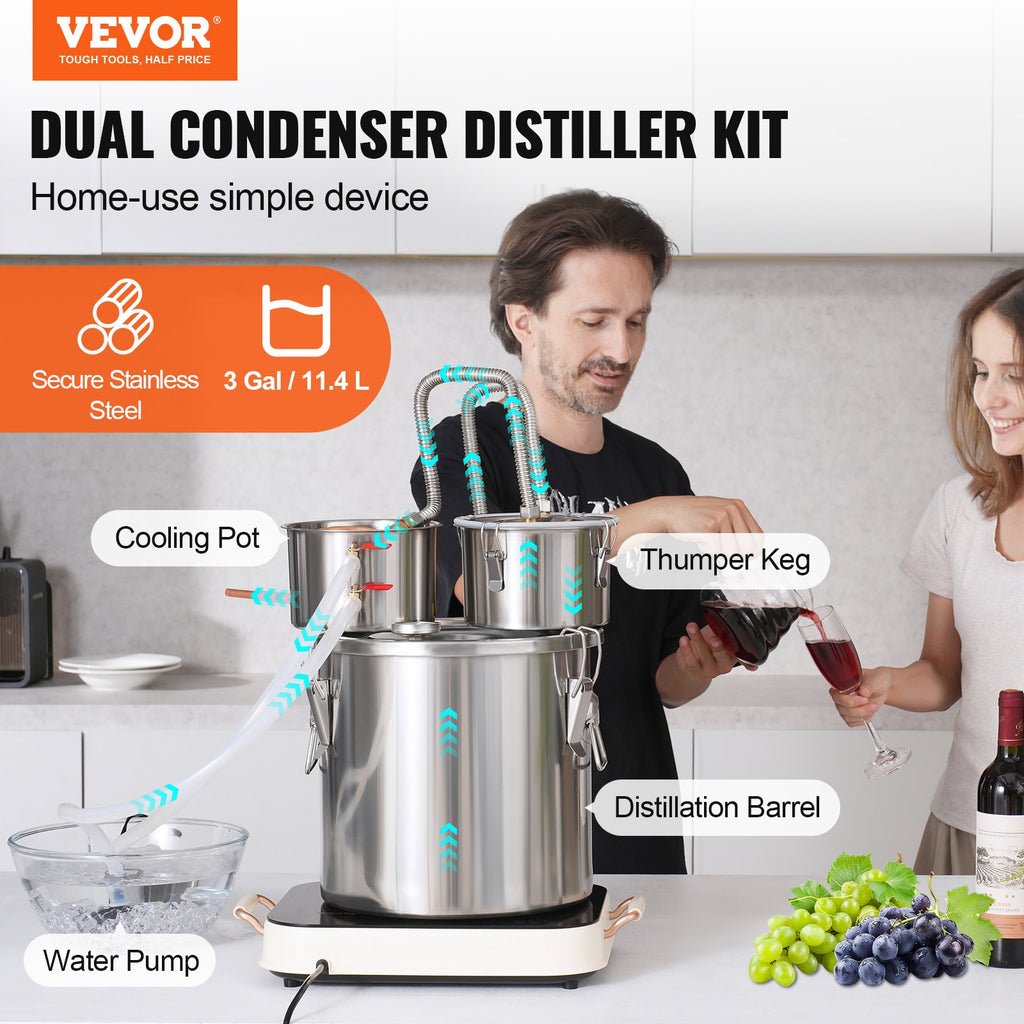 Alcohol Still, 3 Gal / 11.4 L Stainless Steel Water Alcohol Distiller with Copper Coil for Fast Cooling, Dual Condenser Distiller Kit with Secondary Distillation, for Wine Whisky Brandy, Silver