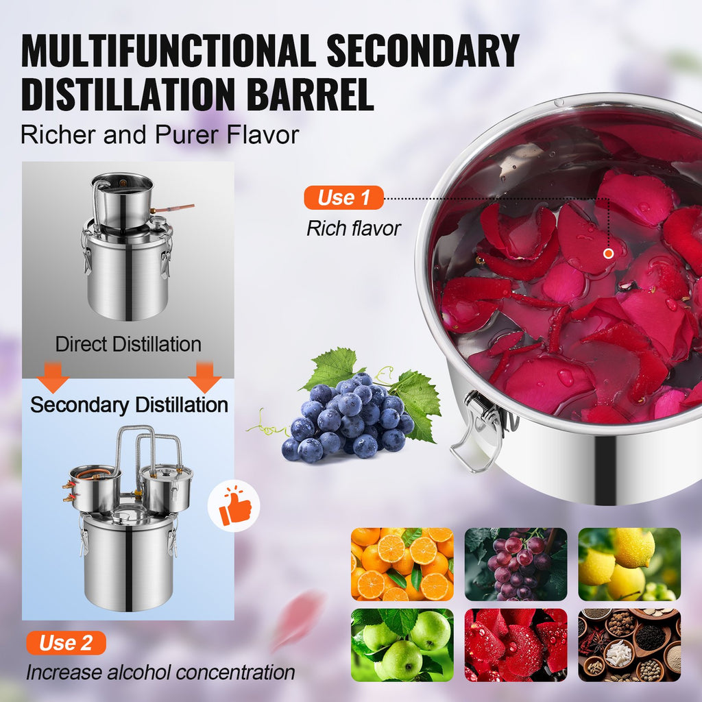 Alcohol Still, 3 Gal / 11.4 L Stainless Steel Water Alcohol Distiller with Copper Coil for Fast Cooling, Dual Condenser Distiller Kit with Secondary Distillation, for Wine Whisky Brandy, Silver