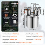 Alcohol Still, 3 Gal / 11.4 L Stainless Steel Water Alcohol Distiller with Copper Coil for Fast Cooling, Dual Condenser Distiller Kit with Secondary Distillation, for Wine Whisky Brandy, Silver