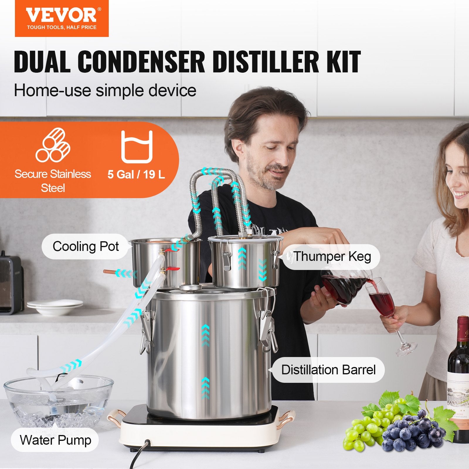 Alcohol Still, 5 Gal / 19 L Stainless Steel Water Alcohol Distiller with Copper Coil for Fast Cooling, Dual Condenser Distiller Kit with Secondary Distillation, for Wine Whisky Brandy, Silver