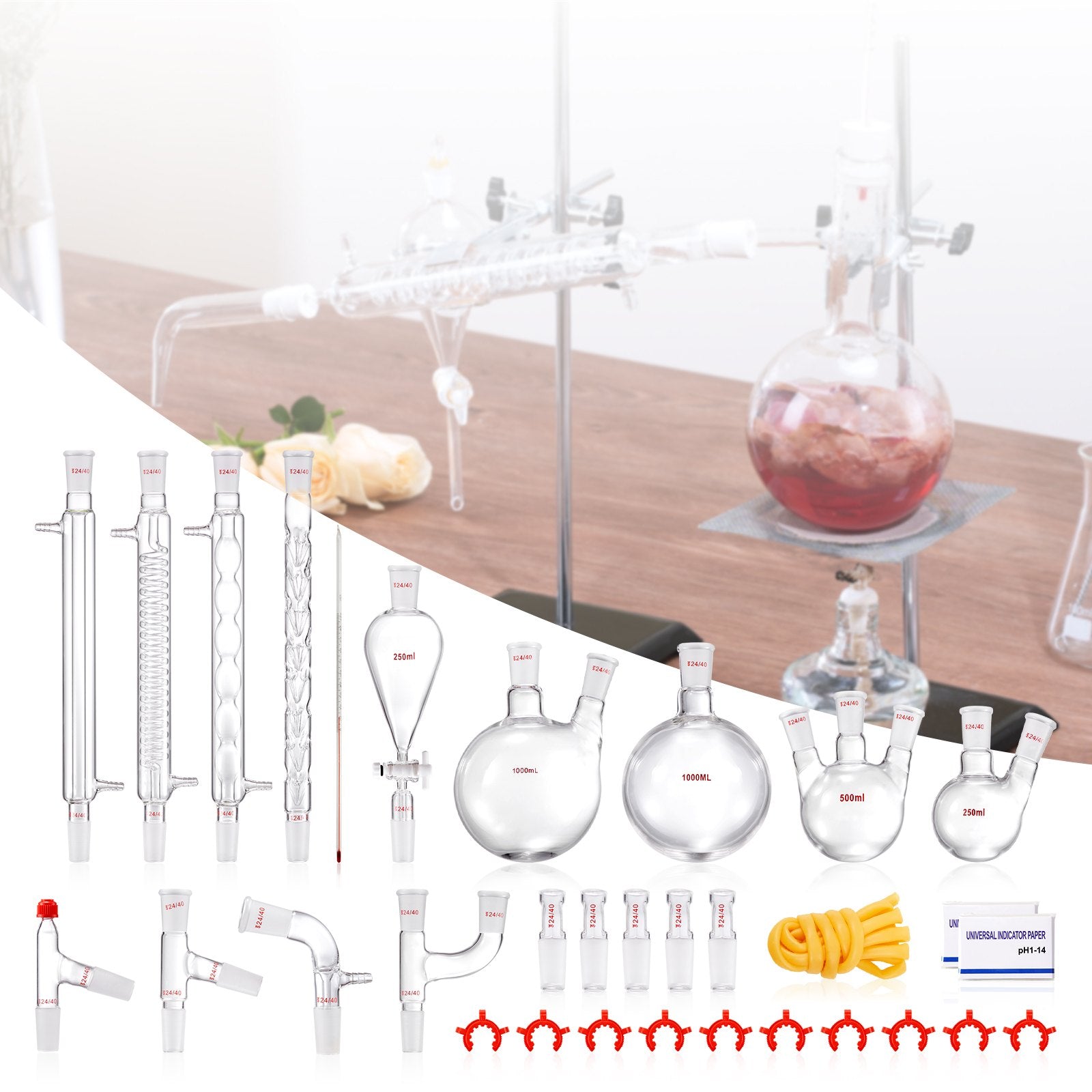 Lab Distillation Kit, 3.3 Boro Lab Glassware Distillation Kit with 24, 40 Joint, 1000ml Essential Oil Distillation Apparatus Kit, 32 pcs Set of Glassware Equipment