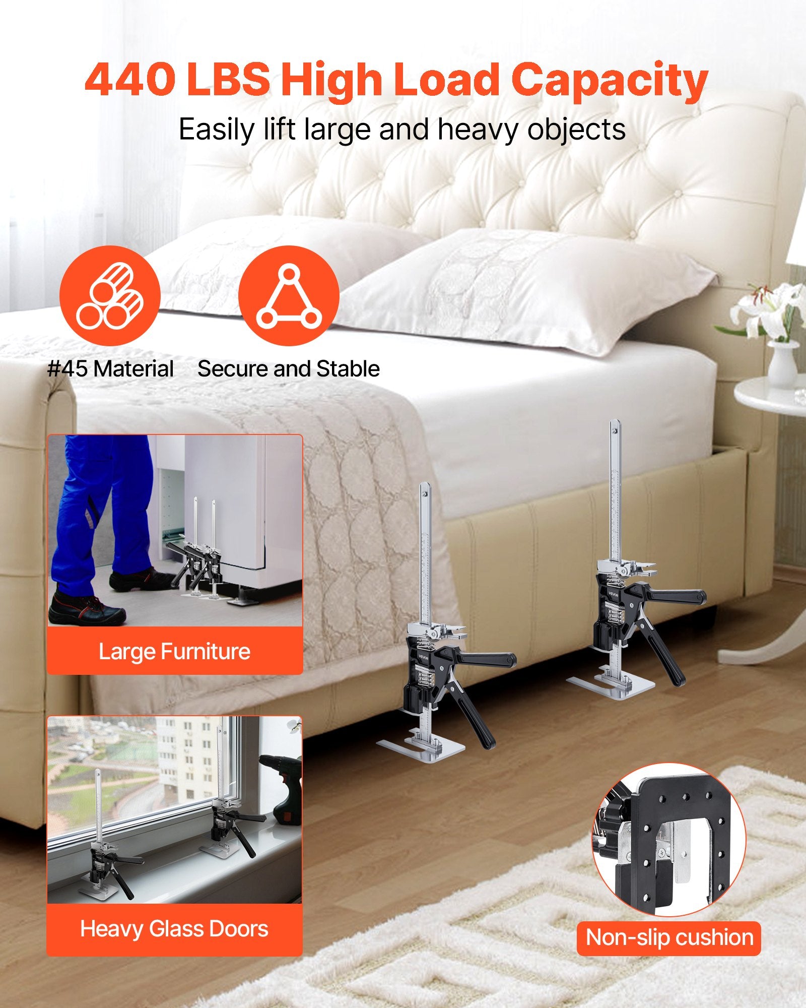 Labor Saving Arm Jack, 2 PCS 200 kg Bearing Capacity, Lifting up to 235 mm, Metal Hand Lifting Jack Tool with Magnetic Level, 2 Adjustment Modes, for Door, Window, Furniture, Woodworking, Black