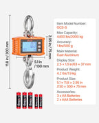 Digital Crane Scale, 4400 lbs/2000 kg Max Capacity, Heavy Duty Industrial Hanging Scale with Cast Aluminum Case & LCD Display, 500 g Division & 3 Unit Switch, Remote Control for Garage Factory