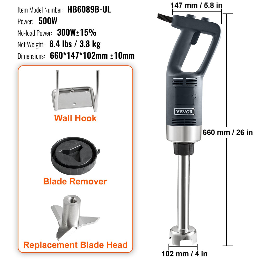 Commercial Immersion Blender, 500 Watt Heavy Duty Hand Mixer, Variable Speed Kitchen Stick Mixer with 304 Stainless Steel Blade, Multi-Purpose Portable Mixer for Soup, Smoothie, Puree, Baby Food